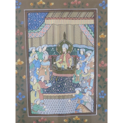 228 - THREE PERSIAN PAINTINGSEach with a Prince seated on a throne and Royal court, gouache, 20 x 15cm (3)... 