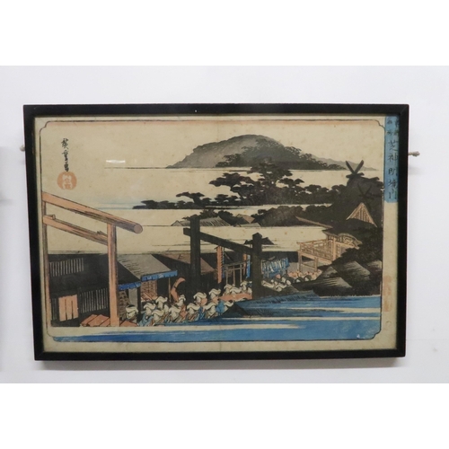 229 - HIROSHIGE the Tokaido road and another with a procession crossing a bridge, 25 x 37cm (2)... 