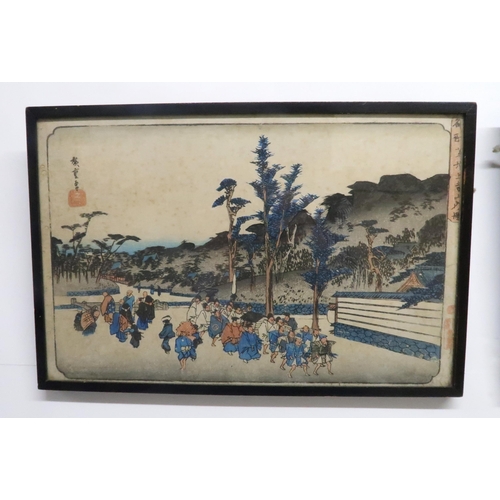 229 - HIROSHIGE the Tokaido road and another with a procession crossing a bridge, 25 x 37cm (2)... 