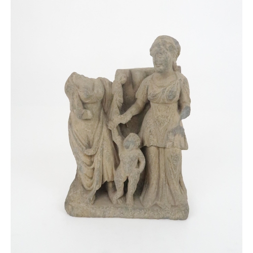 230 - A ROMAN STONE CARVING The goddesses Demeter and Persephone with Triptolemus, on a rectangular plinth... 