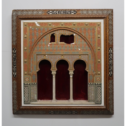 263 - A MARBLE AND PAINTED GESSO ALHAMBRA PLAQUEpolychrome and gilt, within inlaid frame, the panel, 47 x ... 