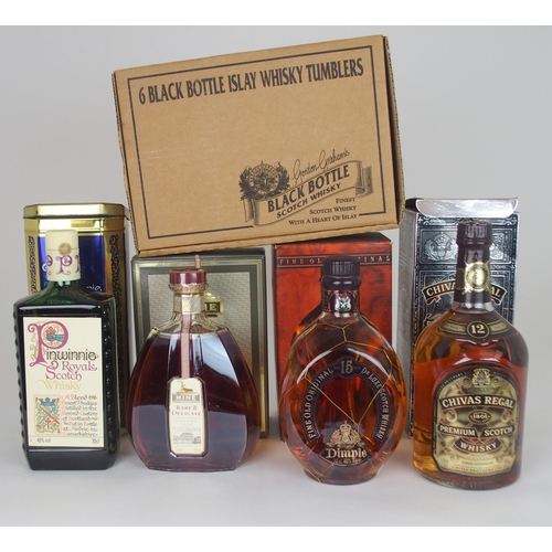 609 - A BOTTLE OF PINWINNIE DELUXE WHISKYin tin box, 40%vol, 70cl, Chivas Regal 12 year old, Dimple, six B... 