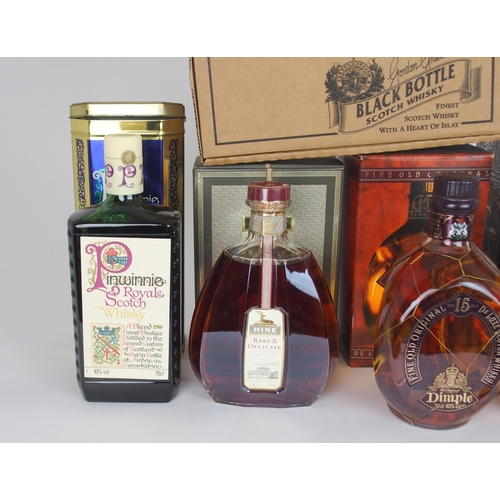 609 - A BOTTLE OF PINWINNIE DELUXE WHISKYin tin box, 40%vol, 70cl, Chivas Regal 12 year old, Dimple, six B... 