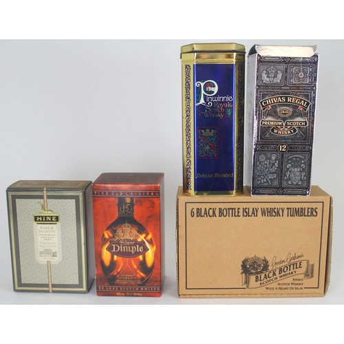 609 - A BOTTLE OF PINWINNIE DELUXE WHISKYin tin box, 40%vol, 70cl, Chivas Regal 12 year old, Dimple, six B... 