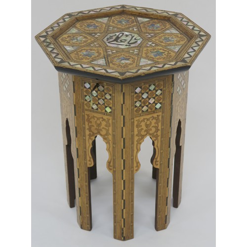 5A - AN EARLY 20TH CENTURY OCTAGONAL TOP MOORISH SEWING TABLE,with fruit wood and mother of pearl inlays ... 