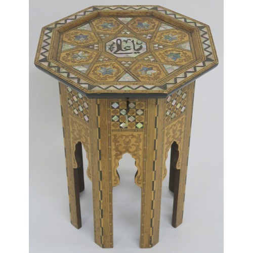 5A - AN EARLY 20TH CENTURY OCTAGONAL TOP MOORISH SEWING TABLE,with fruit wood and mother of pearl inlays ... 