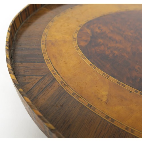 11A - A VICTORIAN OVAL BIRDSEYE MAPLE AND ROSEWOOD VENEERED TRAY,with satinwood inlays, 60cm wide x 41cm d... 