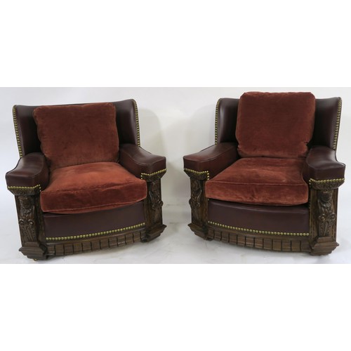 29 - AN EARLY 20TH CENTURY OAK FRAMED THREE PIECE SUITE consisting three seater sofa 82cm high x 182cm wi... 