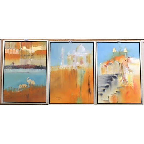 1131 - DENISE DAVIS (INVERNESS CONTEMPORARY)INDIA TRIPCYTH IN ORANGE AND BLUEOil on canvas panel, signed lo... 