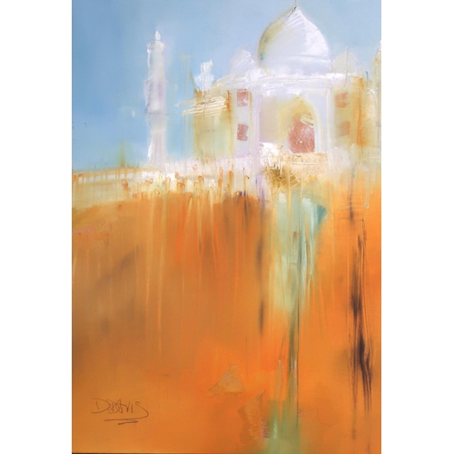 1131 - DENISE DAVIS (INVERNESS CONTEMPORARY)INDIA TRIPCYTH IN ORANGE AND BLUEOil on canvas panel, signed lo... 