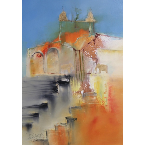 1131 - DENISE DAVIS (INVERNESS CONTEMPORARY)INDIA TRIPCYTH IN ORANGE AND BLUEOil on canvas panel, signed lo... 