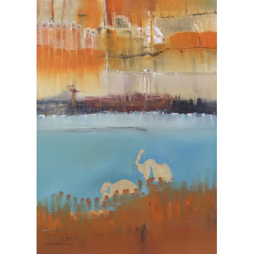 1131 - DENISE DAVIS (INVERNESS CONTEMPORARY)INDIA TRIPCYTH IN ORANGE AND BLUEOil on canvas panel, signed lo... 