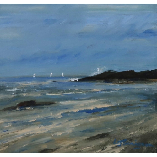 1138 - LINDA JAMIESON (SCOTTISH)WEST COAST PLACE, OFF THE POINT Oil on board, signed lower right, 25 x 25cm... 