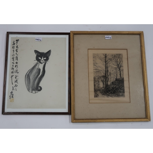 1140 - MARK GILL STUDY OF A CAT Ink and wash, signed lower left, 31 x 22cm Together with six... 