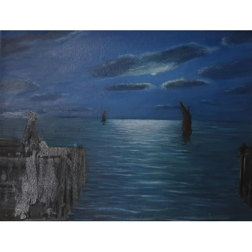 1143 - JAMES MUIR (SCOTTISH)MOONLIGHT ON THE SEAOil on canvas, signed lower left, 44 x 57cm Title insc... 