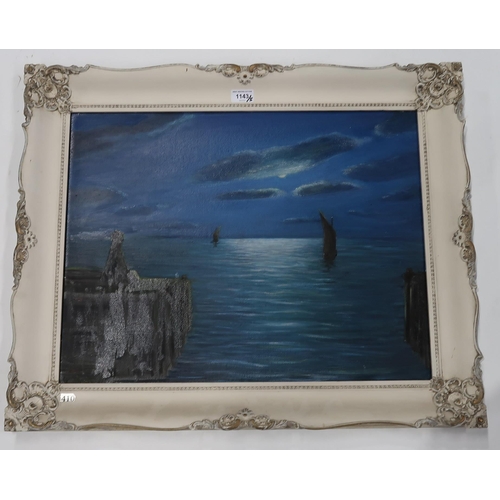 1143 - JAMES MUIR (SCOTTISH)MOONLIGHT ON THE SEAOil on canvas, signed lower left, 44 x 57cm Title insc... 