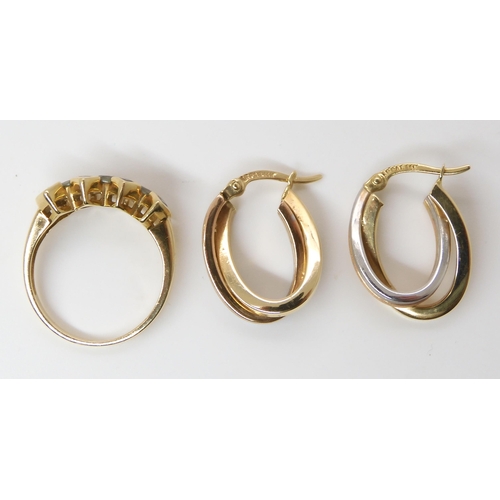 711 - A pair of three colour 14k gold earrings weight 2.5gms and a 9ct gold blue and green gem set ring si...