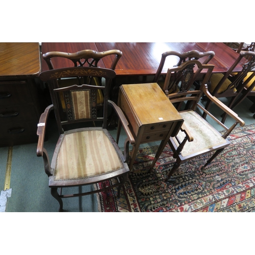 59 - A Victorian walnut framed parlour armchair, another similar parlour armchair and a mahogany two draw... 