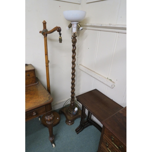 9 - An early 20th century mahogany barley twist standard lamp, another standard lamp and a mahogany nest... 