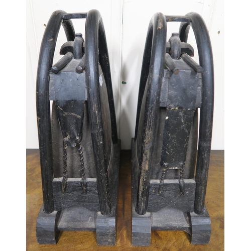 10 - A pair of 19th century bronze Tibetan elephant temple bells on ebonised bentwood stands (2)