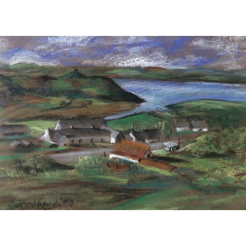 1061 - SCOTTISH SCHOOL OUTBUILDINGS BY A LOCH Pastel on paper, indistinctly signed lower right, dated (90),... 