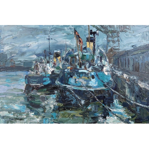 1068 - ROBERT SPRINGHAM (SCOTTISH)HARBOUR SCENE Oil on canvas, signed lower left, dated (69), 51 x 75c... 