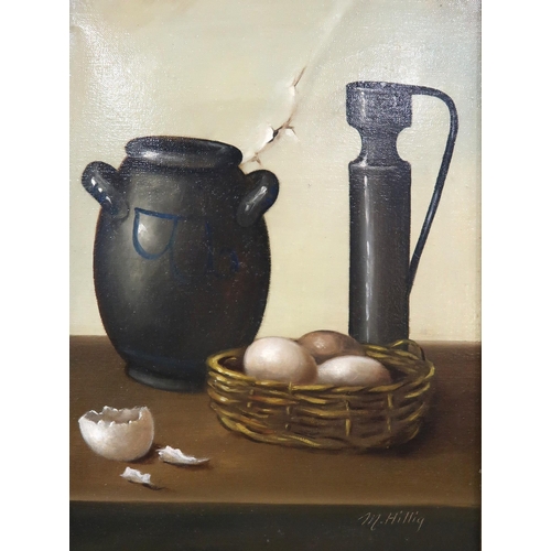 1072 - M HILLIG STILL LIFE WITH EGGS Oil on canvas, signed lower right, 39 x 29cm Together with another sti... 