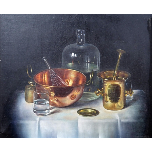 1072 - M HILLIG STILL LIFE WITH EGGS Oil on canvas, signed lower right, 39 x 29cm Together with another sti... 