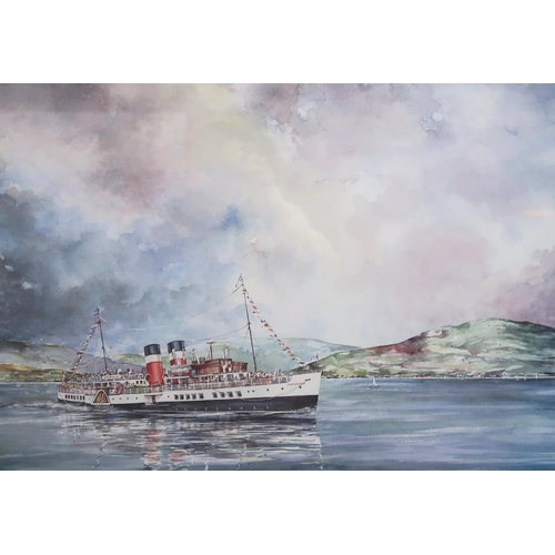 1084 - RON WILSON (SCOTTISH 1939)WAVERLEY APPROACHING MILLPORTWatercolour, signed lower left, 18 x 23Title ... 