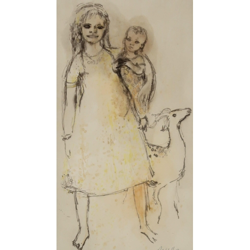 1095 - SCOTTISH SCHOOLGIRL WITH YOUNG AND GOATGraphite and ink, indistinctly signed lower right, 38 x 20cm... 