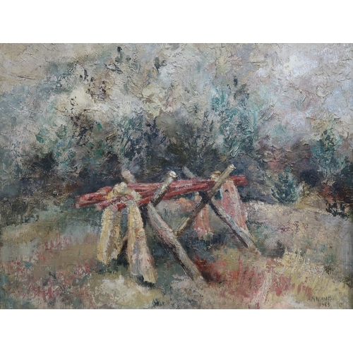 1102 - LOUISE ANNAND MBE (SCOTTISH 1915-2012)LOG BENCH IN LANDSCAPEOil on canvas, signed lower right, dated... 