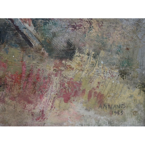 1102 - LOUISE ANNAND MBE (SCOTTISH 1915-2012)LOG BENCH IN LANDSCAPEOil on canvas, signed lower right, dated... 