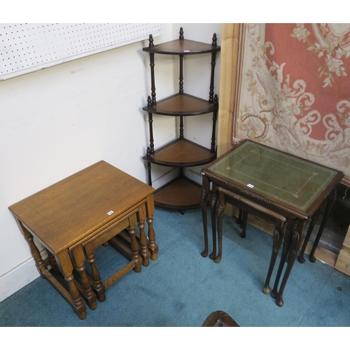 71 - A 20th century oak nest of three tables, mahogany nest of three tables, mahogany four tier corner sh... 