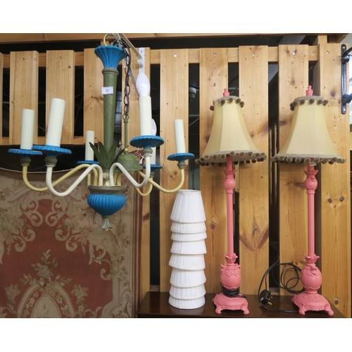 72 - A 20th century six branch chandelier, two similar two branch wall sconces and a pair of pink table l... 