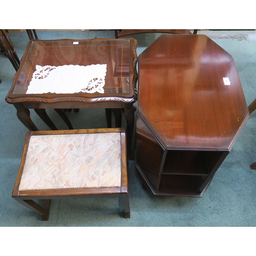 74 - A 20th century mahogany nest of three tables, oak framed foot stool and a mahogany table (3)