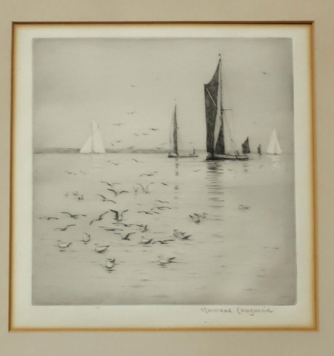 THOMAS ROWLAND LANGMAID Yachts, Calm, signed, etching, 22 x ...