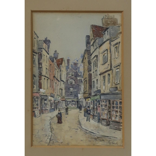 956 - DAVID SMALL Cloth Fair, Smithfield, London, signed, watercolour, 16 x 11cm and ROGER BANKS Narc... 