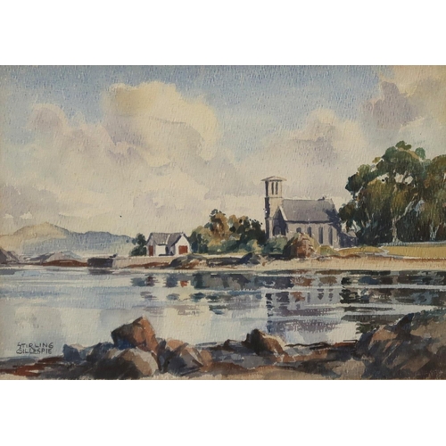 960 - STIRLING GILLESPIE Church at a lochside, signed,watercolour,19 x 26cm