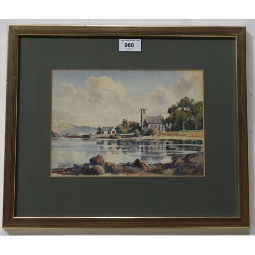 960 - STIRLING GILLESPIE Church at a lochside, signed,watercolour,19 x 26cm