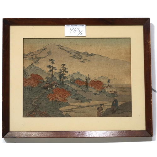 963 - CHINESE SCHOOL Silk panel, 45 x 23cm and JAPANESE SCHOOL print, 15 x 20cm (2)