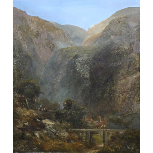 967 - CONTINENTAL SCHOOL Figures in a valley approaching a bridge, oil on canvas, 61 x 51cm... 