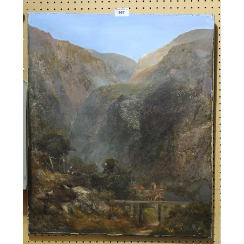 967 - CONTINENTAL SCHOOL Figures in a valley approaching a bridge, oil on canvas, 61 x 51cm... 