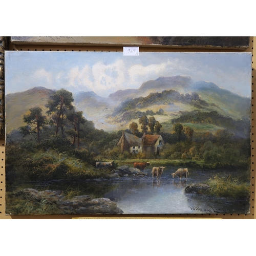 969 - WILLIAM LANGLEY Highland cattle grazing in a loch, signed, oil on canvas, (a pair), 40 x 61cm... 