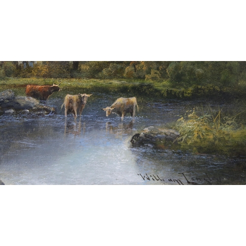 969 - WILLIAM LANGLEY Highland cattle grazing in a loch, signed, oil on canvas, (a pair), 40 x 61cm... 