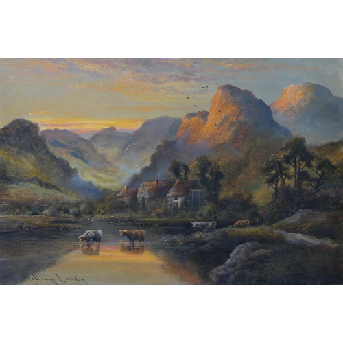 969 - WILLIAM LANGLEY Highland cattle grazing in a loch, signed, oil on canvas, (a pair), 40 x 61cm... 