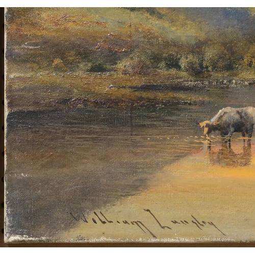 969 - WILLIAM LANGLEY Highland cattle grazing in a loch, signed, oil on canvas, (a pair), 40 x 61cm... 