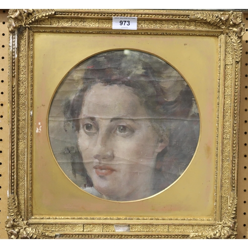 973 - BRITISH SCHOOL Portrait head of a woman, oil on canvas, roundel, 25 x 24cm