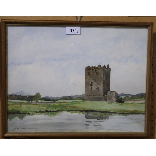 974 - BELLE SKEOCH CUMMING Castle beside a loch, signed, watercolour, 28 x 36cm and BEATRICE WHITE We... 