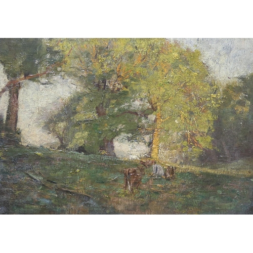 975 - SCOTTISH SCHOOL Cattle grazing, monogrammed, oil on board, 25 x 35cm