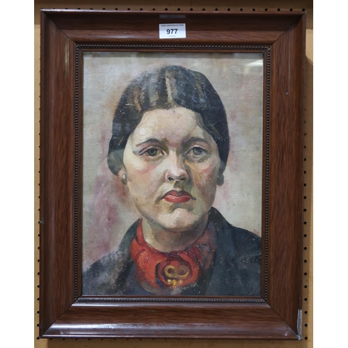 977 - BRITISH SCHOOL Portrait head of a woman, oil on board, 36 x 27cm